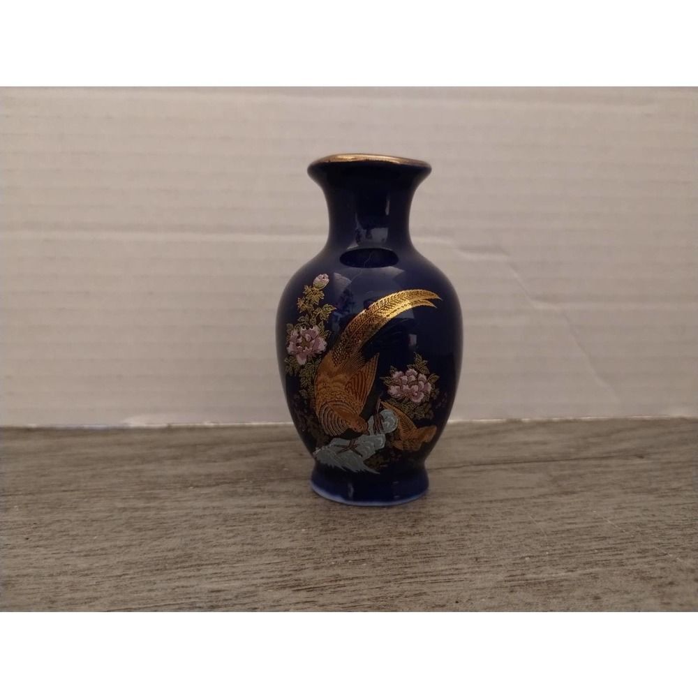3 1/2" Japanese Handpainted Satsuma Floral Peacock Mini Cobalt Blue Vase